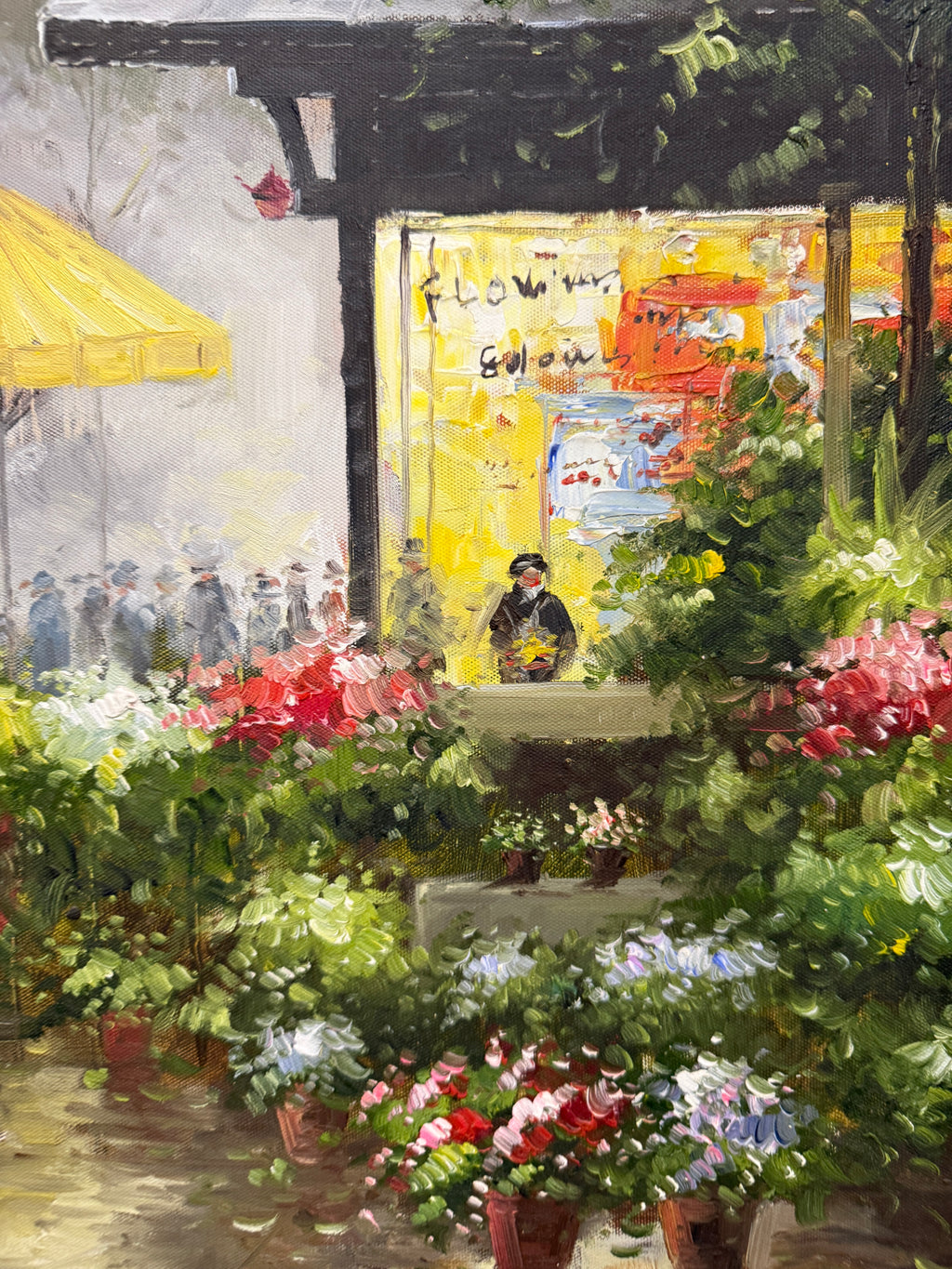 The Flower Market Beneath the Chrysler Building, Oil On Canvas 50 x 28, Unsigned 20th Century