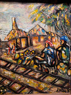 Expressionist Oil Painting of Railroad Village – Signed “Gustave” – Textured Mid-Century Folk Art in Rustic Frame