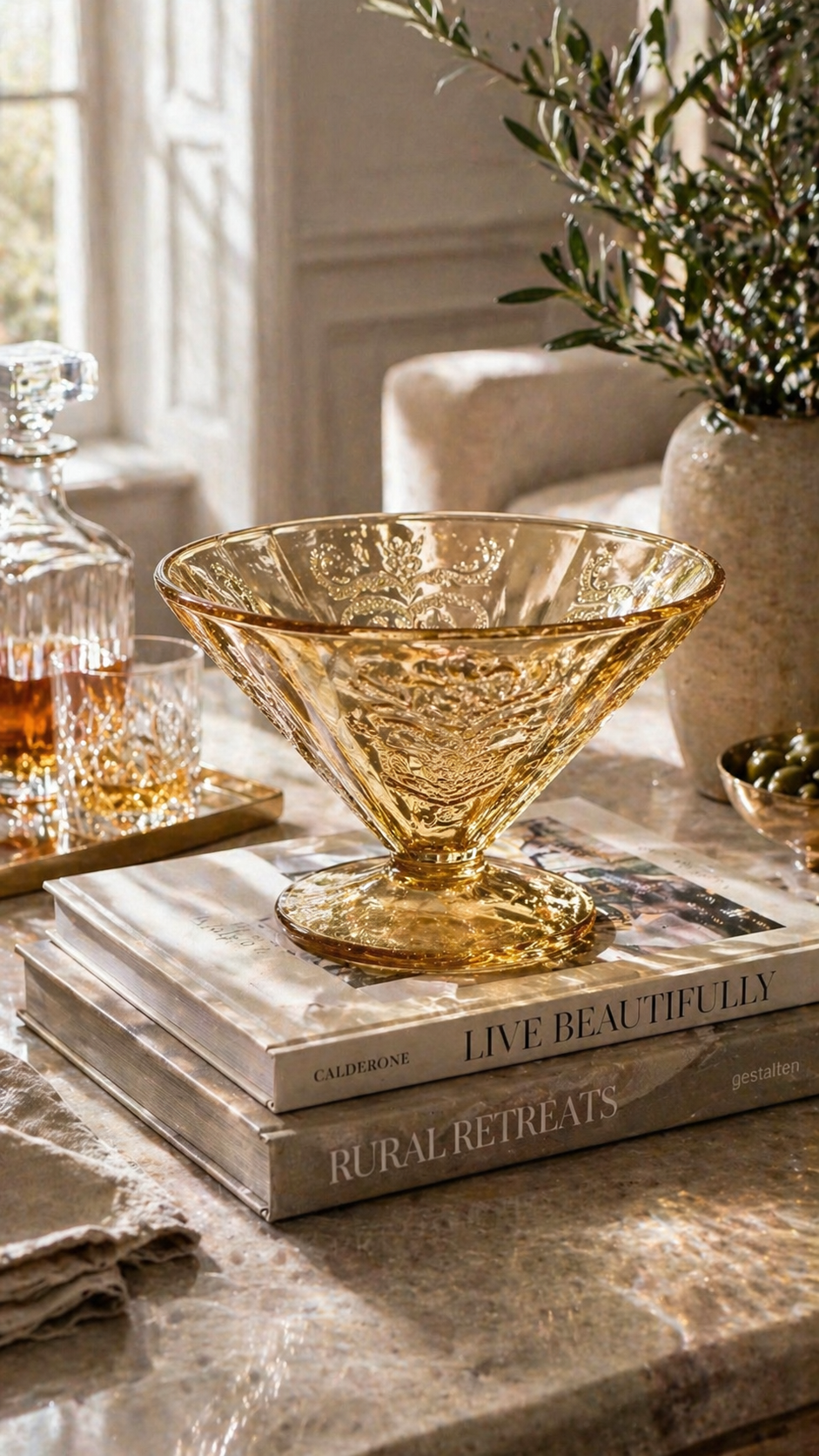 Vintage Amber Pressed Glass Pedestal Compote Bowl c. 1930s–1940s