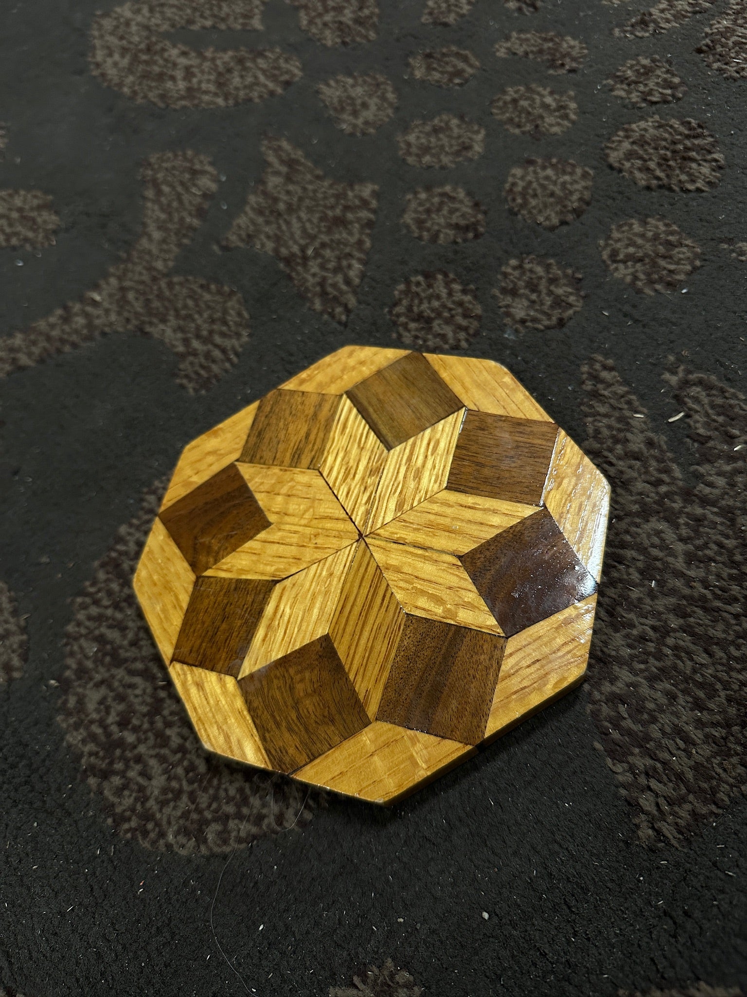 French Parquetry Wood Trivet, c. 1960s | Geometric Cube Inlay Hot Plate