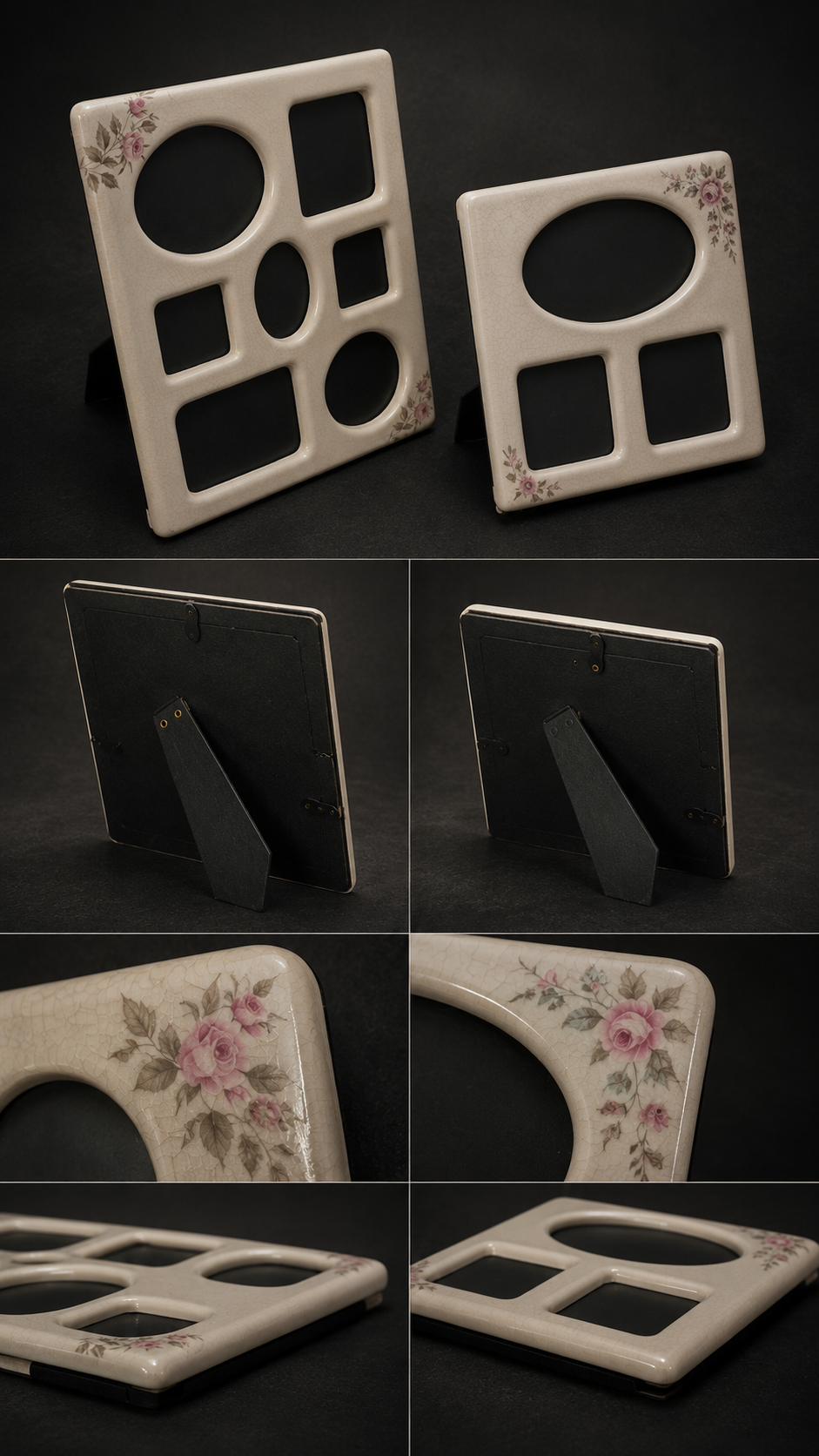 Vintage 1980s Cottage Rose Ceramic Multi-Photo Frames, Set of 2