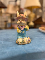 Cold-Painted and Hand-Gilded Easter Rabbit Figure in a Pink Brimmed Hat and Blue Overalls, Standing on a Flowered Base with Eggs, Early to Mid 20th Century