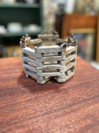 Vintage Hexagonal Slatted Wood Basket with Rope Beckets, c. 1920–1955