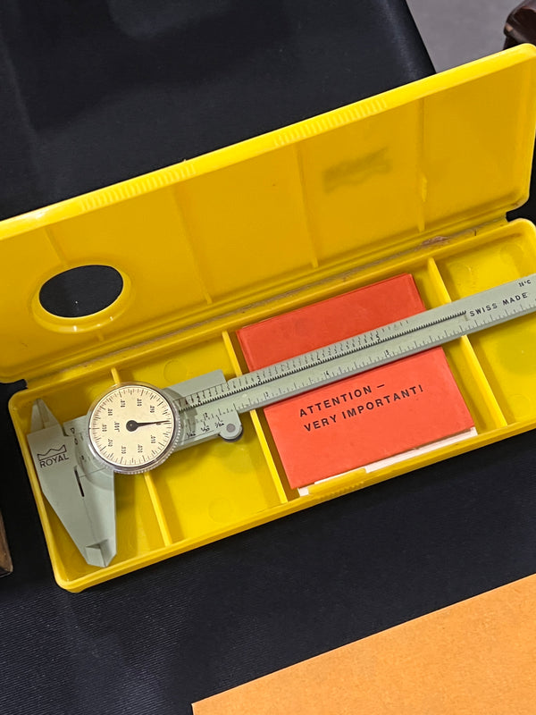 Vintage 1970s Royal Swiss Made Dial Caliper With Original Yellow Case