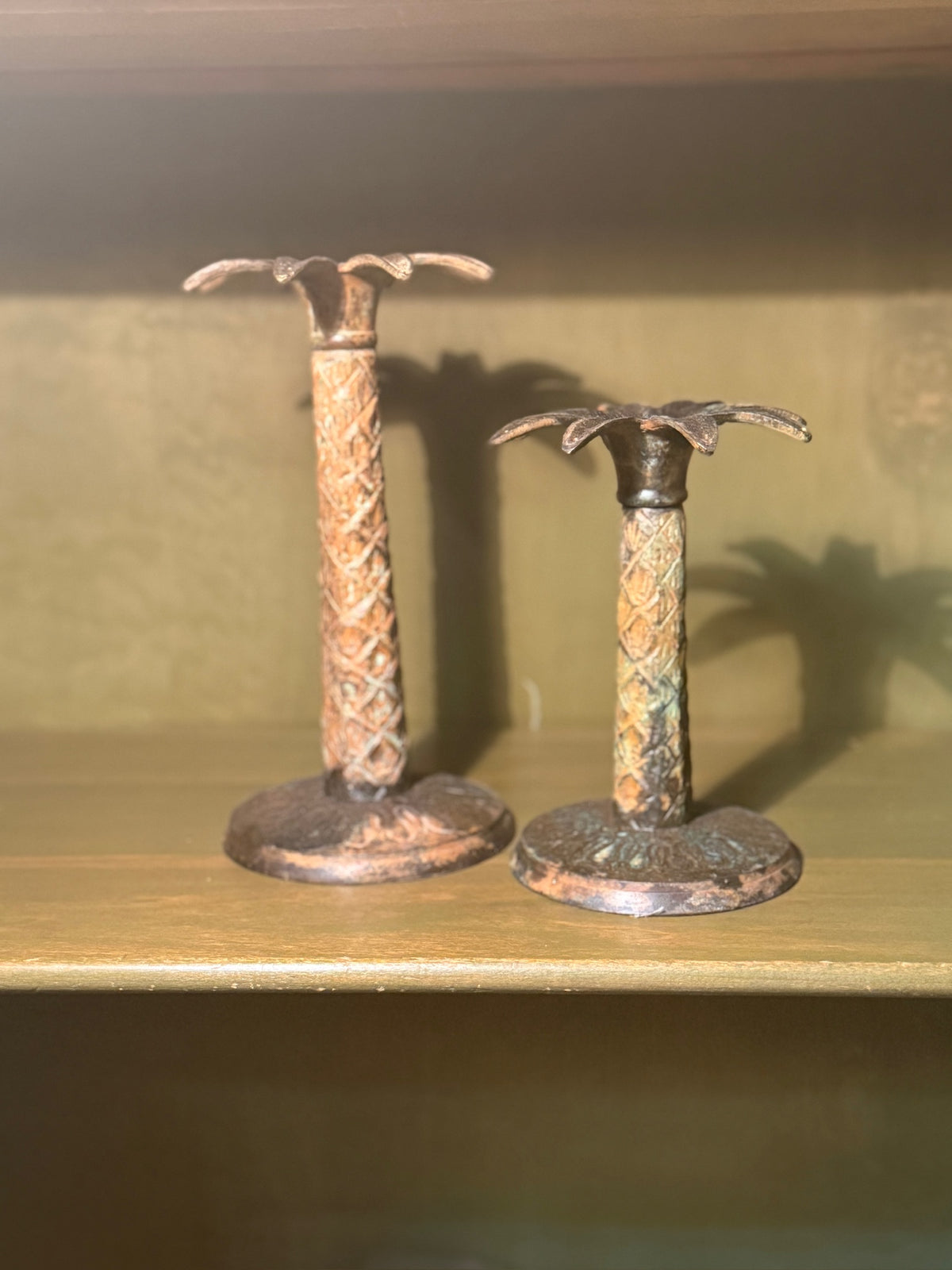 Vintage Cast Palm Tree Candlesticks, Pair, Verdigris, c. 1950–1960