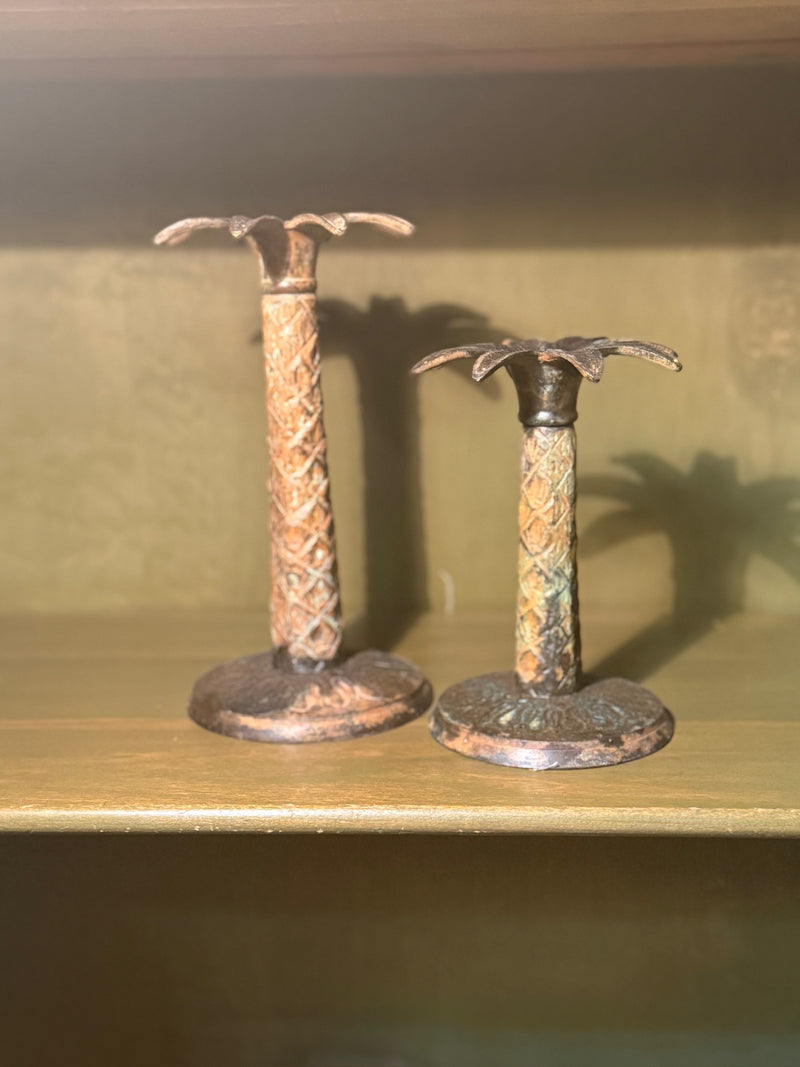Vintage Cast Palm Tree Candlesticks, Pair, Verdigris, c. 1950–1960