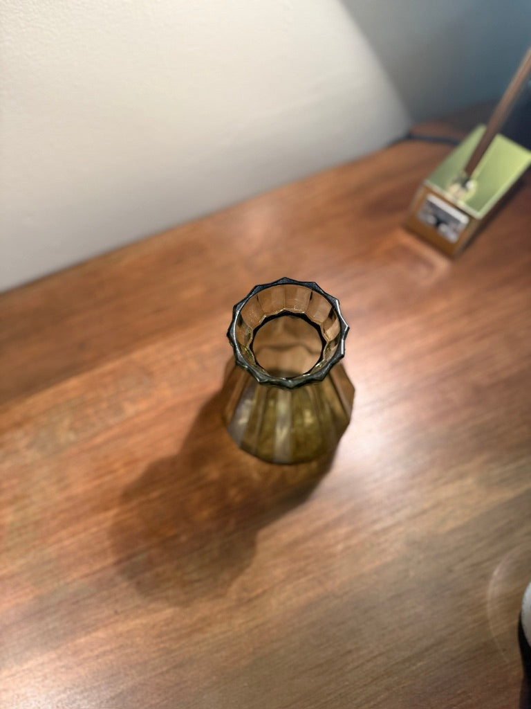 c. 1970s Olive Faceted Glass Mid-Century Vase