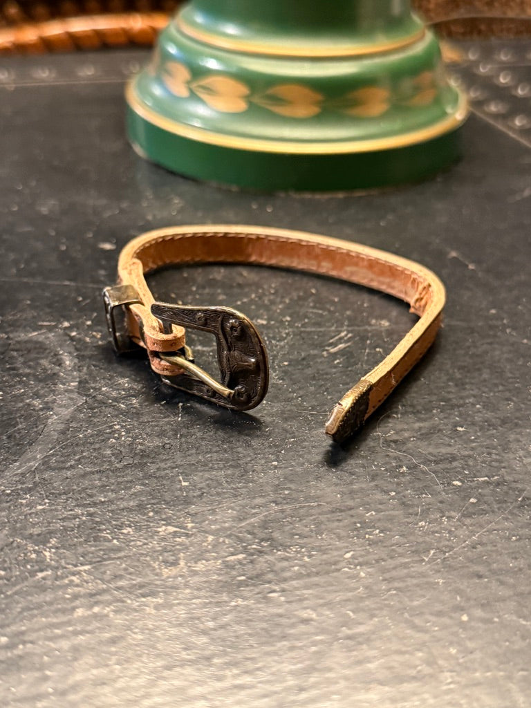 c. 1910–1930 Antique Leather Pet Collar with Engraved Metal Buckle
