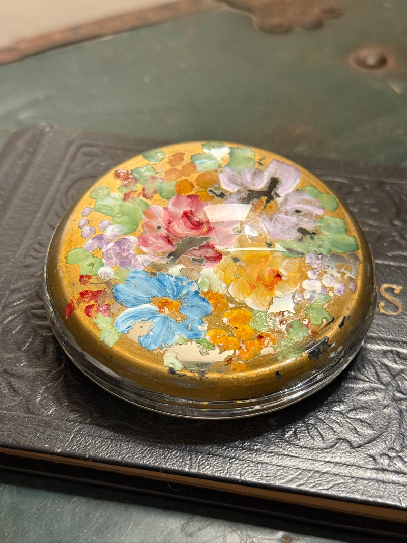 Early 20th-Century Reverse-Painted Floral Glass Paperweight | Gold Ground, c. 1900–1925