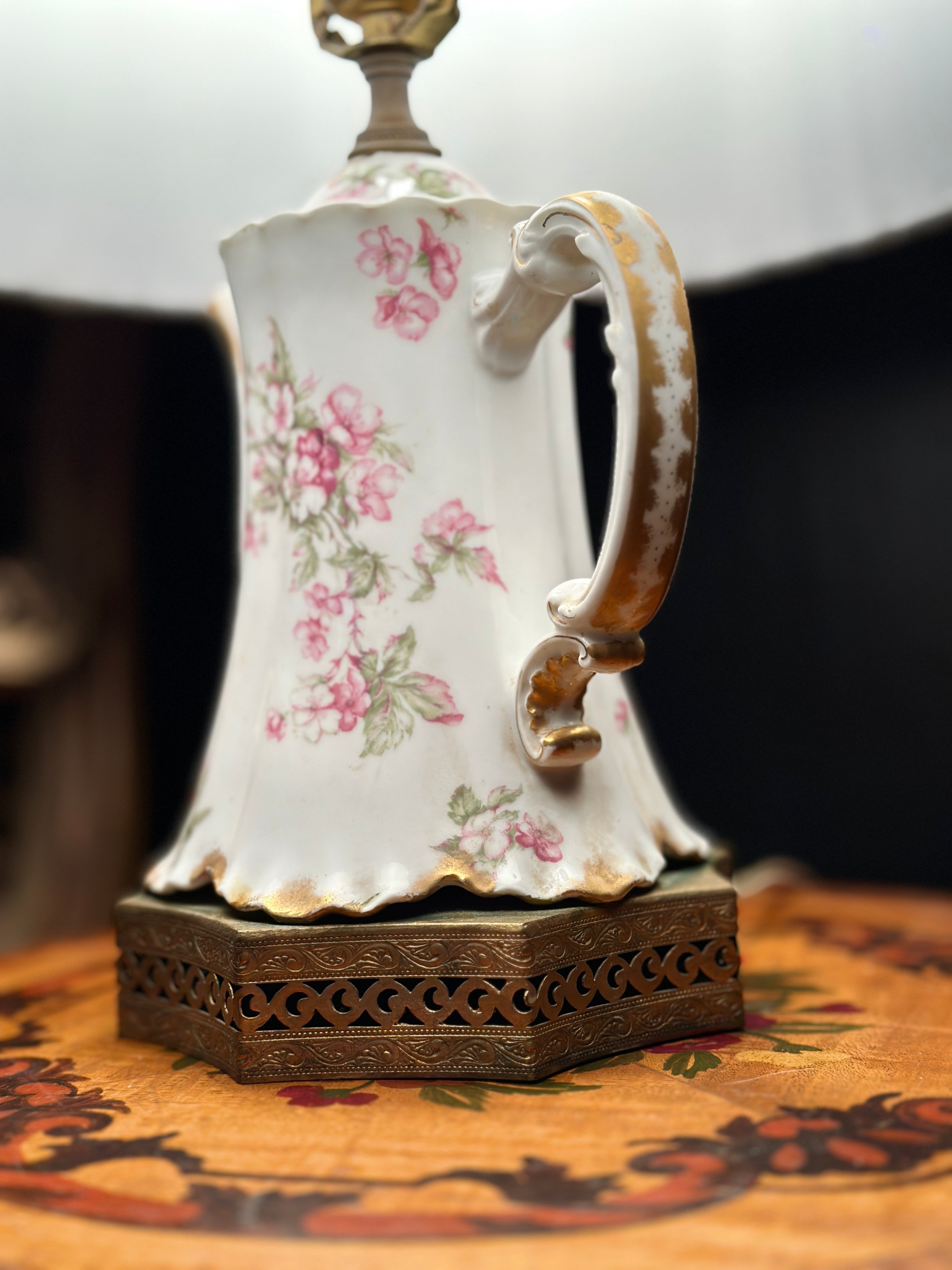 Antique Floral Porcelain Table Lamp Base with Brass Pierced Collar | Victorian Revival Accent Lamp