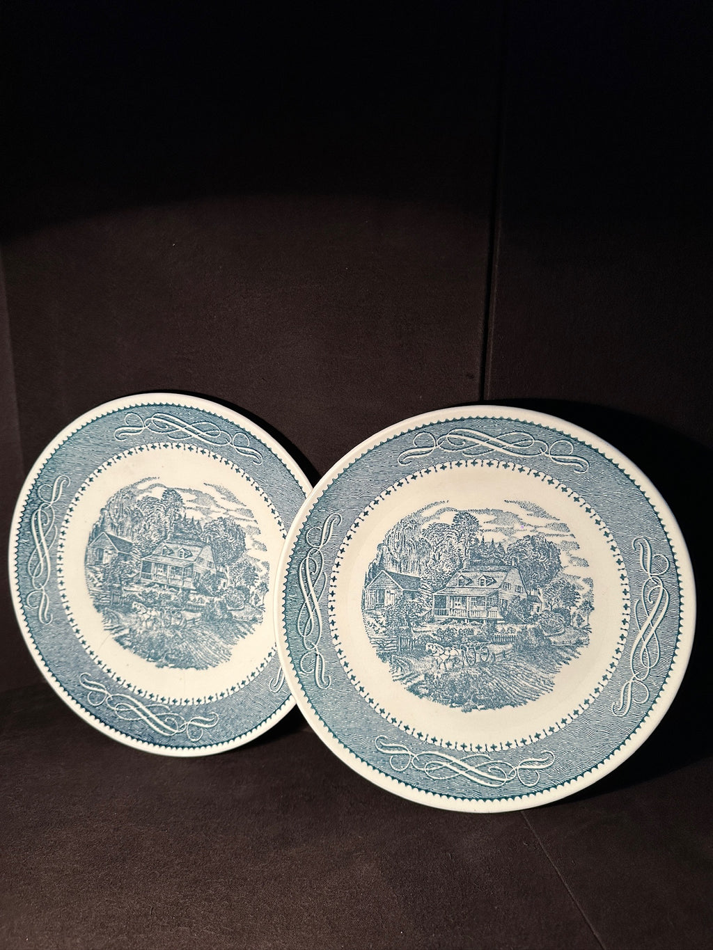 Taylor Ironstone Currier & Ives Blue Plates, Pair c. late 1950s