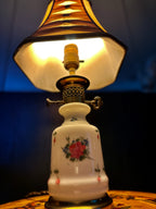 Vintage Floral Milk Glass Table Lamp with Bowed Paneled Shade | Petite Cottage Accent Lamp