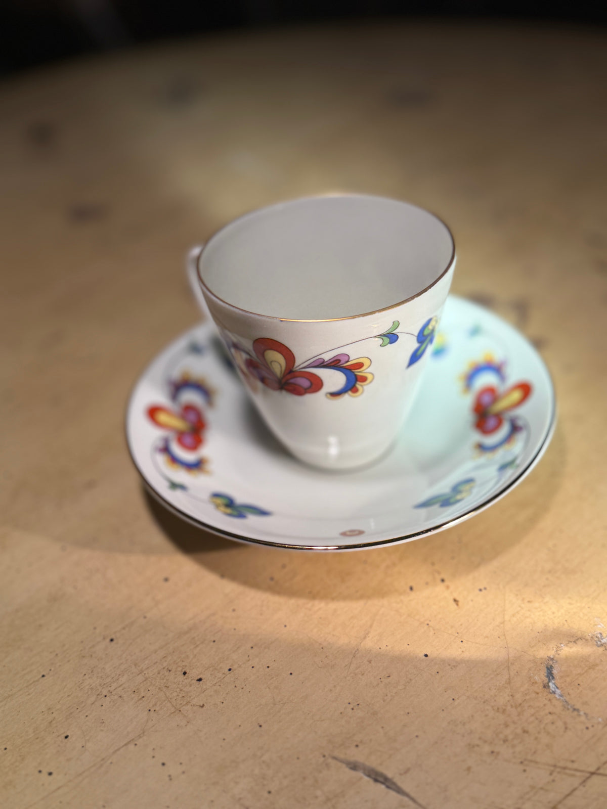 Porsgrund Porcelain Cup & Saucer Norwegian Mid-Century Folk Motif, c.1960s–70s