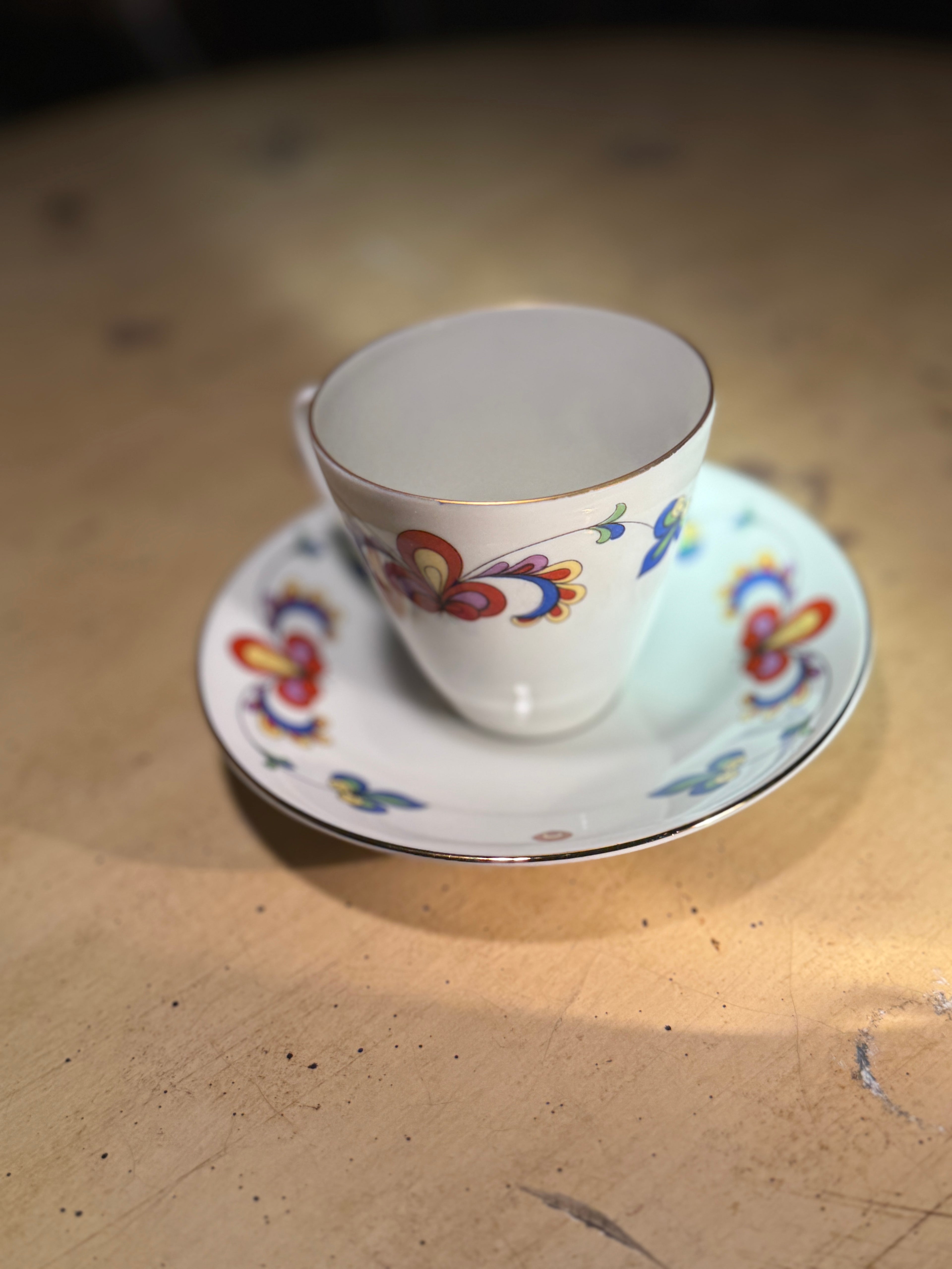 Porsgrund Porcelain Cup & Saucer Norwegian Mid-Century Folk Motif, c.1960s–70s