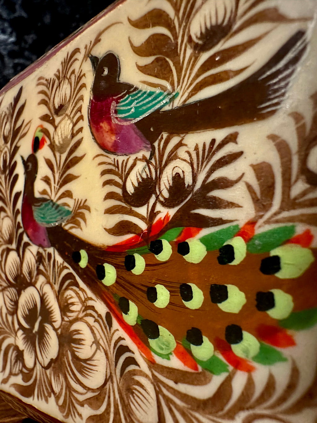 Handcrafted Indian Sadeli-Style Inlaid Trinket Box with Painted Bird Motif