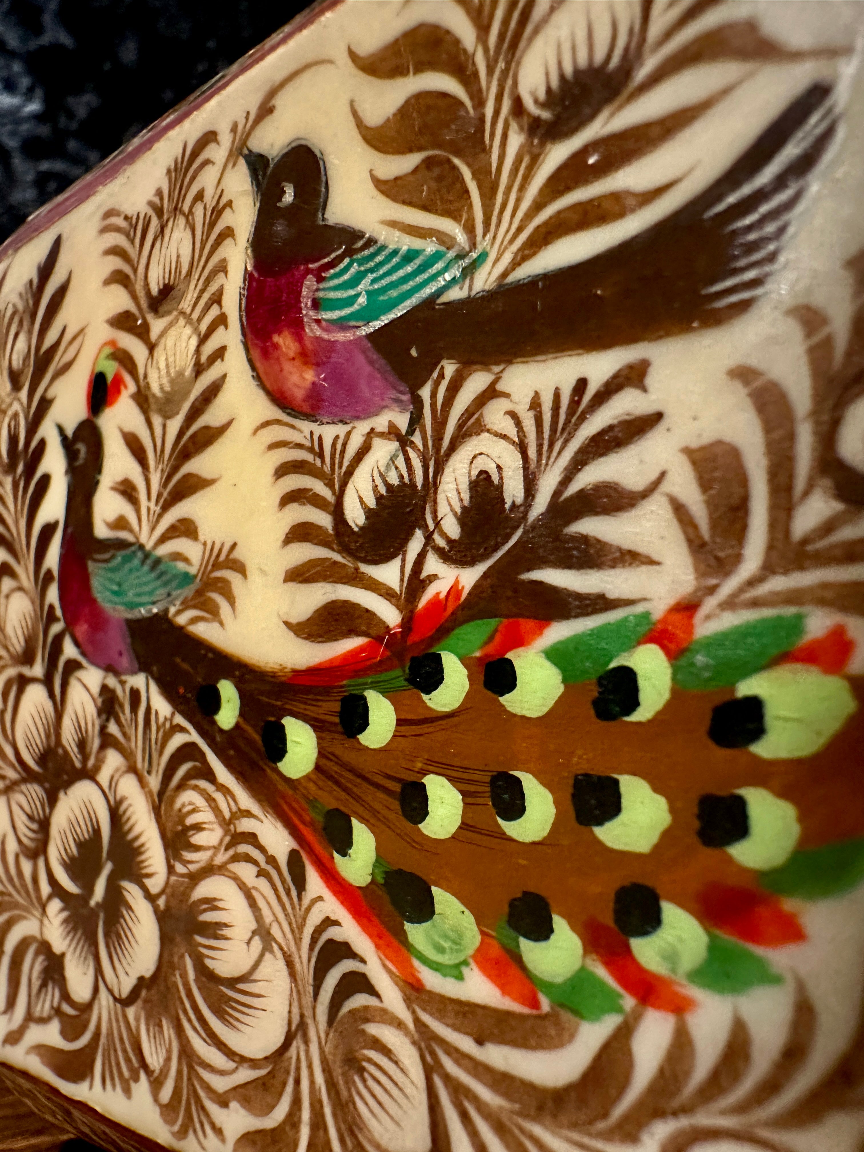 Handcrafted Indian Sadeli-Style Inlaid Trinket Box with Painted Bird Motif