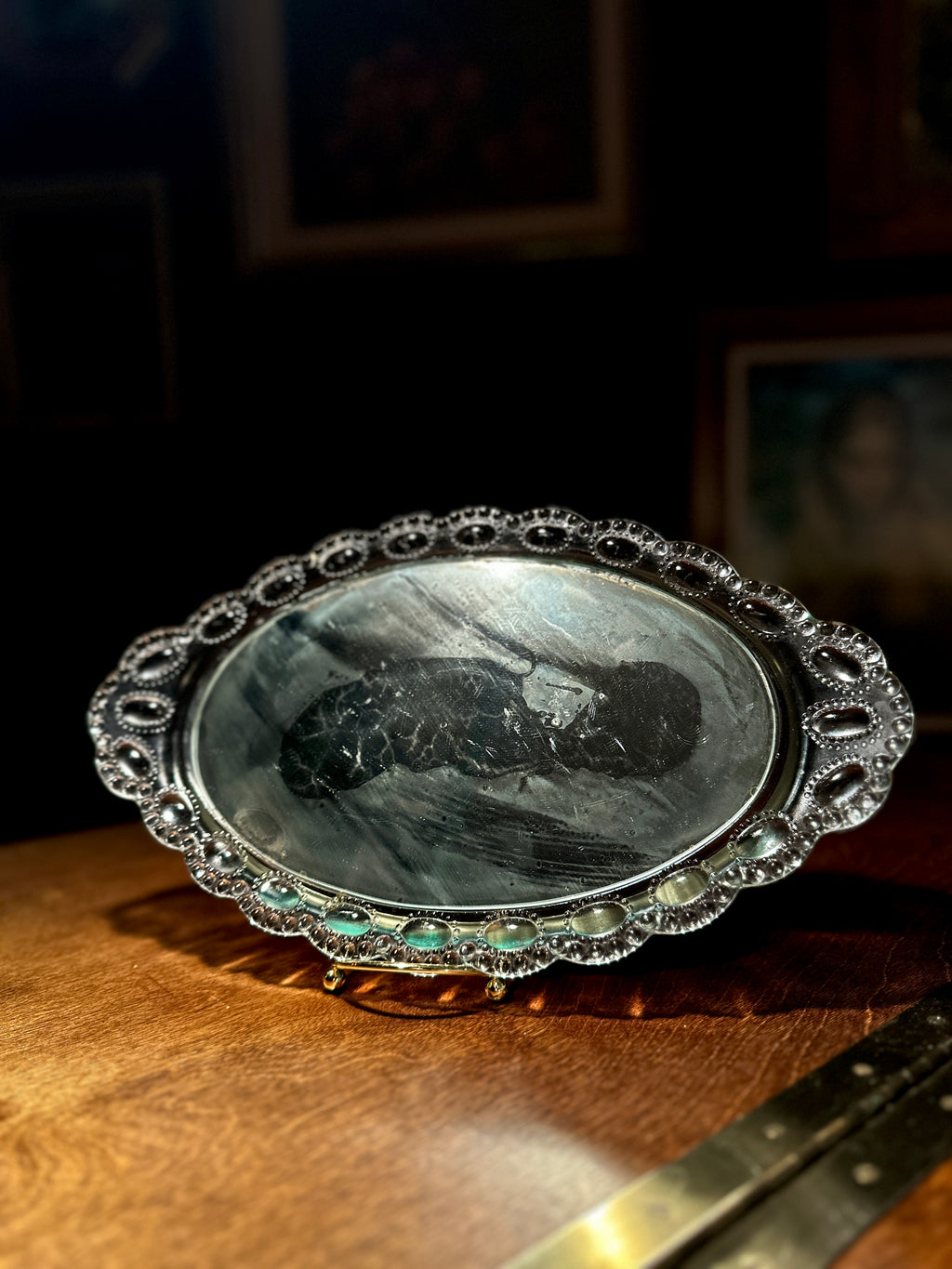 Vintage Oval Glass Vanity Mirror with Beaded Frame | Early 20th Century Tabletop Mirror