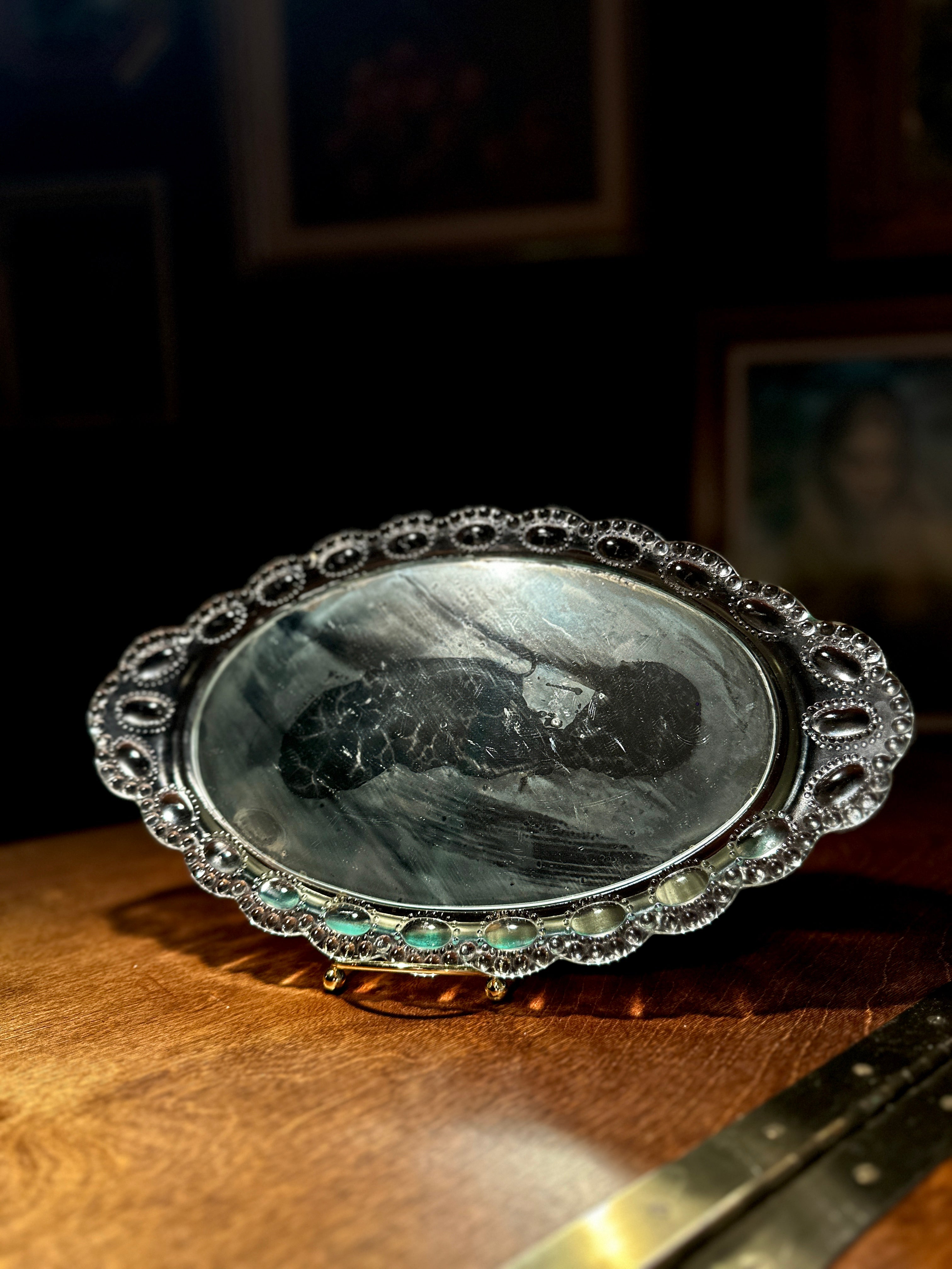 Vintage Oval Glass Vanity Mirror with Beaded Frame | Early 20th Century Tabletop Mirror