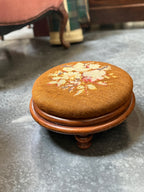 Antique Oval Needlepoint Footstool, Turned Feet, c. 1870–1910