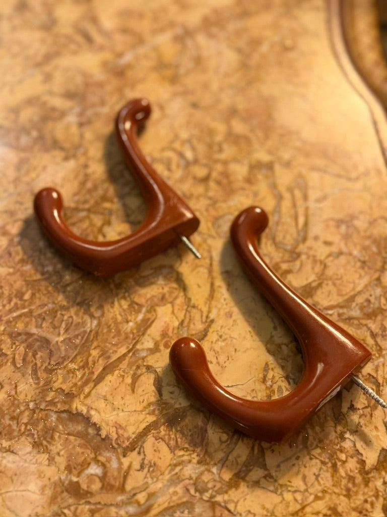 Pair of Vintage Brown Molded Plastic Double Wall Hooks, c. 1960s–1970s