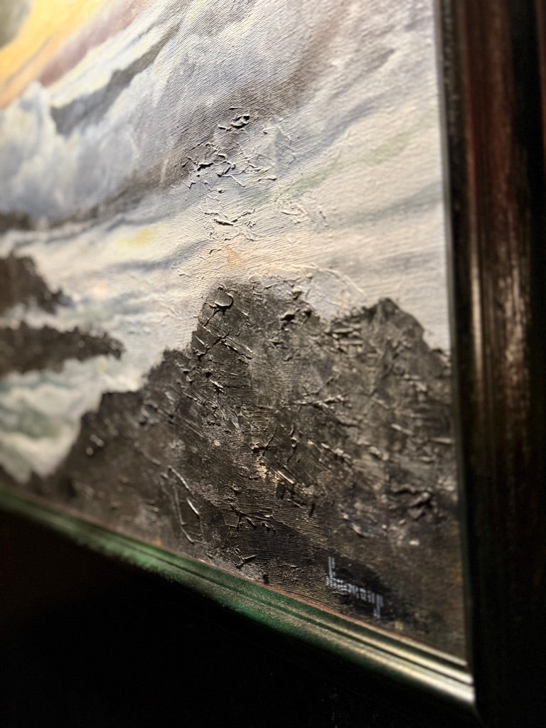 Signed Simmons Coastal Seascape Oil Painting (20th Century) – Impasto Shoreline Scene