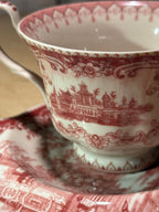 Antique Staffordshire Red Transferware Teacup & Shaped Saucer c. 1890–1910