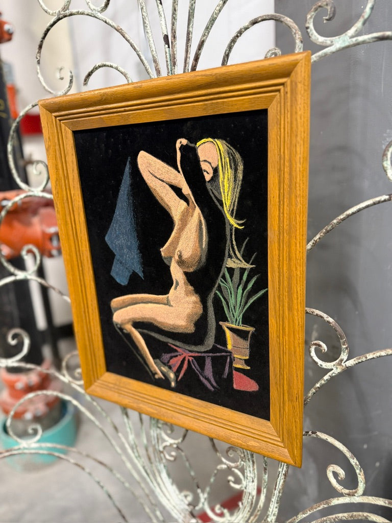 c.1960s Mid-Century Nude Female Figure Painting on Black Velvet