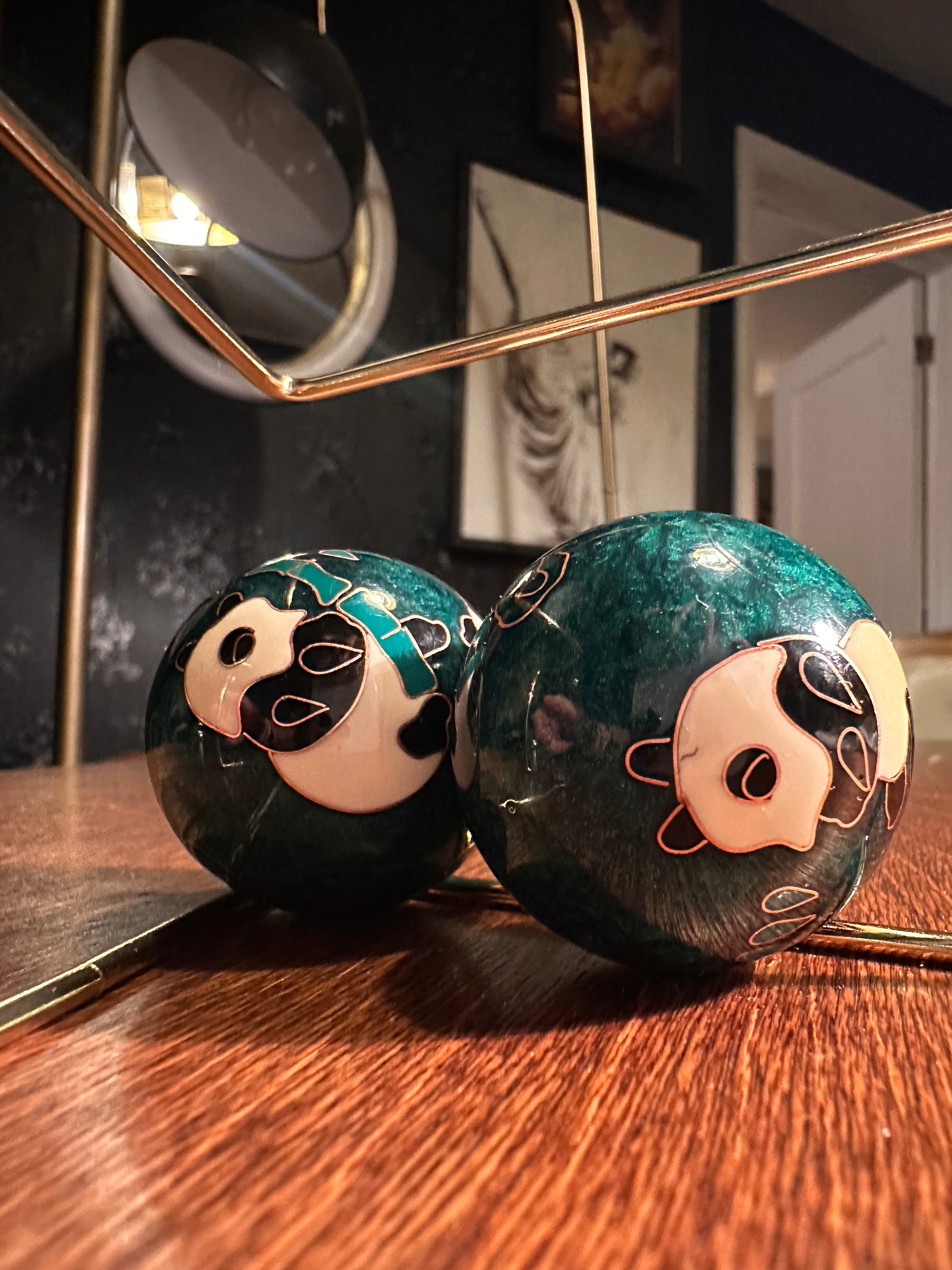 Vintage Chinese Cloisonné Yin Yang Baoding Balls with Silk-Lined Box, c. Mid-20th Century