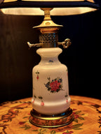 Vintage Floral Milk Glass Table Lamp with Bowed Paneled Shade | Petite Cottage Accent Lamp