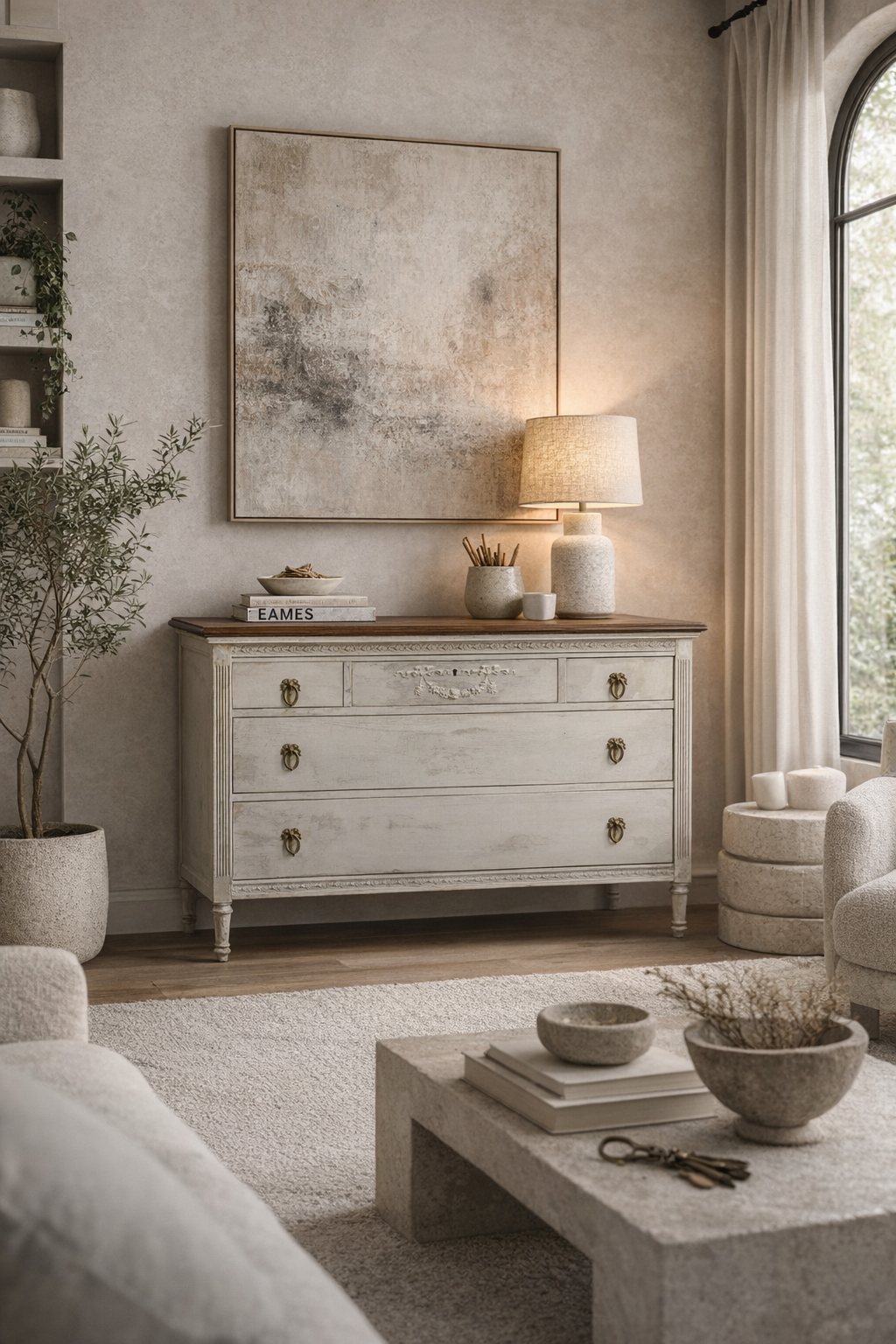 Louis XVI-Style White Chest Of Drawers with Custom Two-Tone Oak & Bombay Mahogany Top