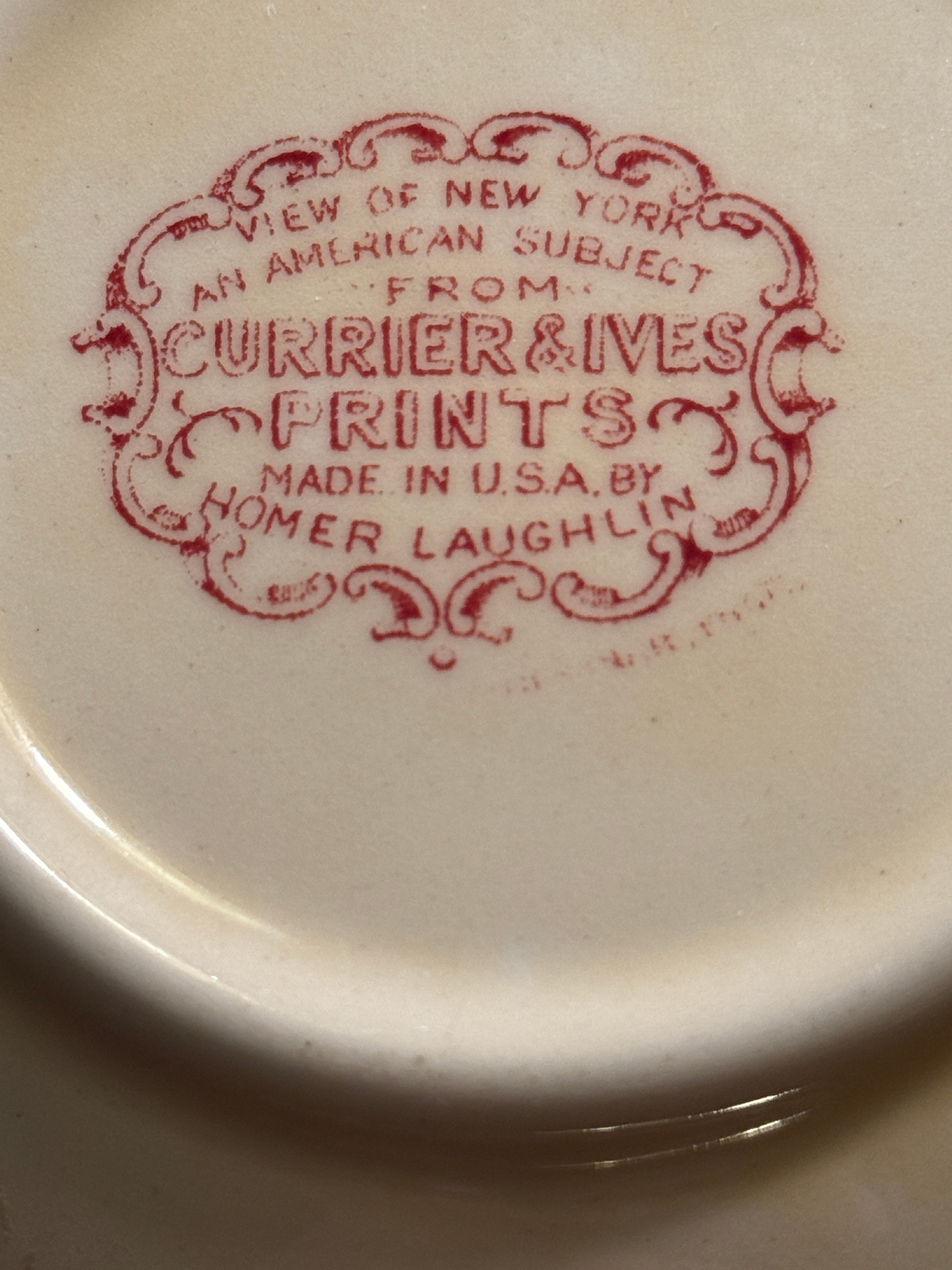 Currier & Ives “View of New York” Red Transferware Bowl by Homer Laughlin, Made in USA (c. 1940s–1950s)