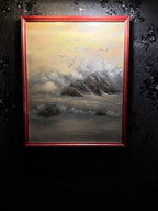 Signed Katrina Coastal Seascape Oil Painting (20th Century) – Misty Shoreline with Seabirds