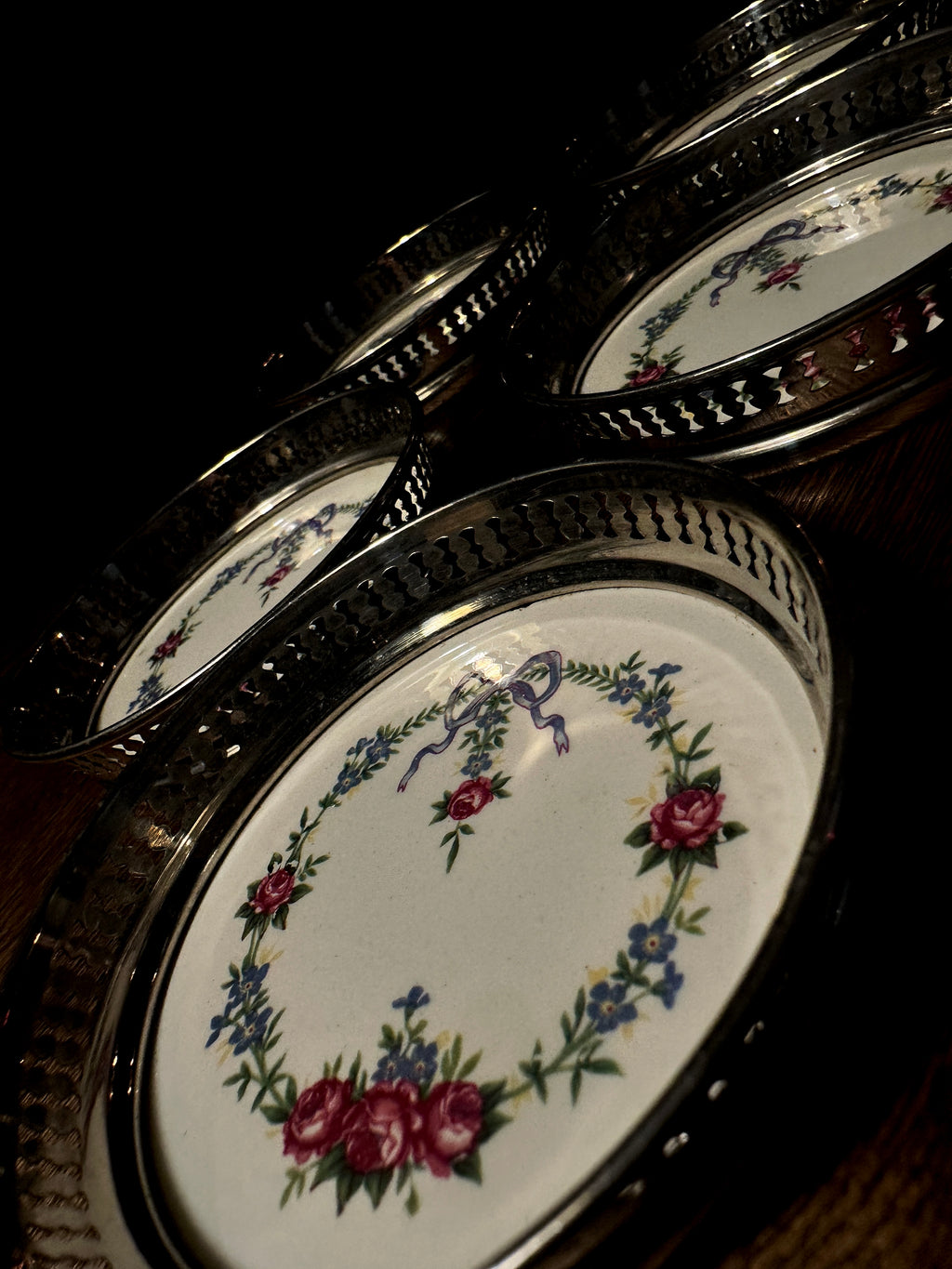 Set of Five Floral Porcelain Coasters with Pierced Silverplate Gallery Rims