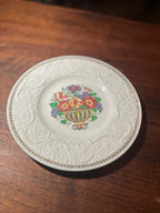 Wedgwood Patrician Plate in Cream Earthenware, Embossed Scrollwork Border with Polychrome Flower Basket and Hand-Gilt Beaded Rim, c. 1920–1940