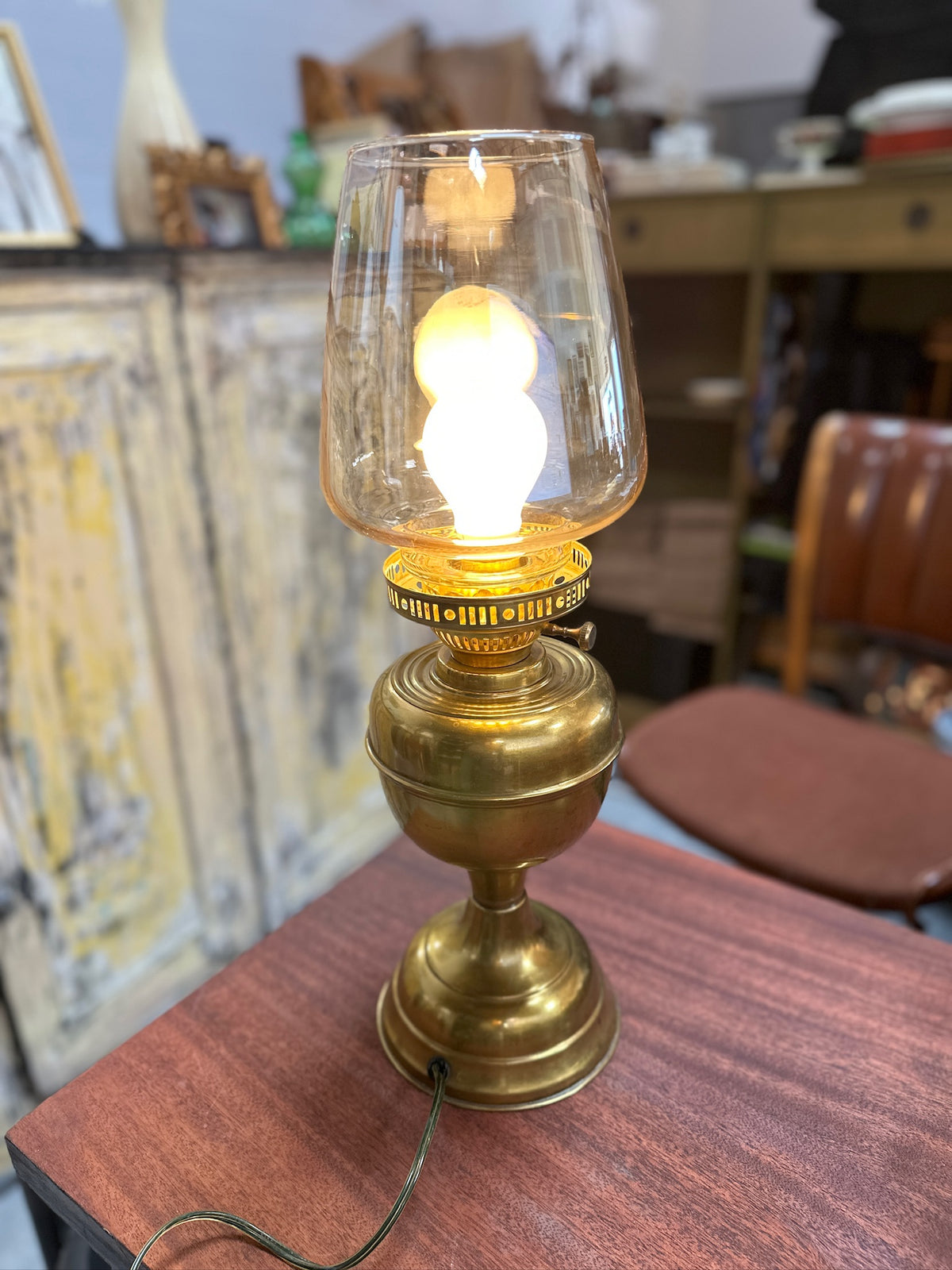 Electric Brass Hurricane Lamp in Oil-Lamp Form, c. 1985–2005