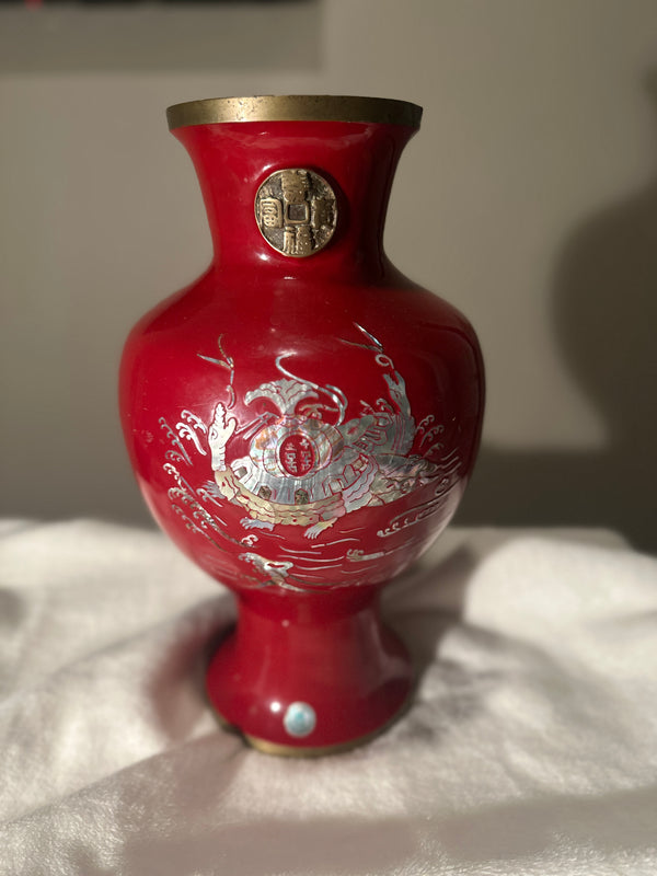 Korean Red Najeonchilgi Mother-of-Pearl Inlay Vase, c. 1960s–1970s