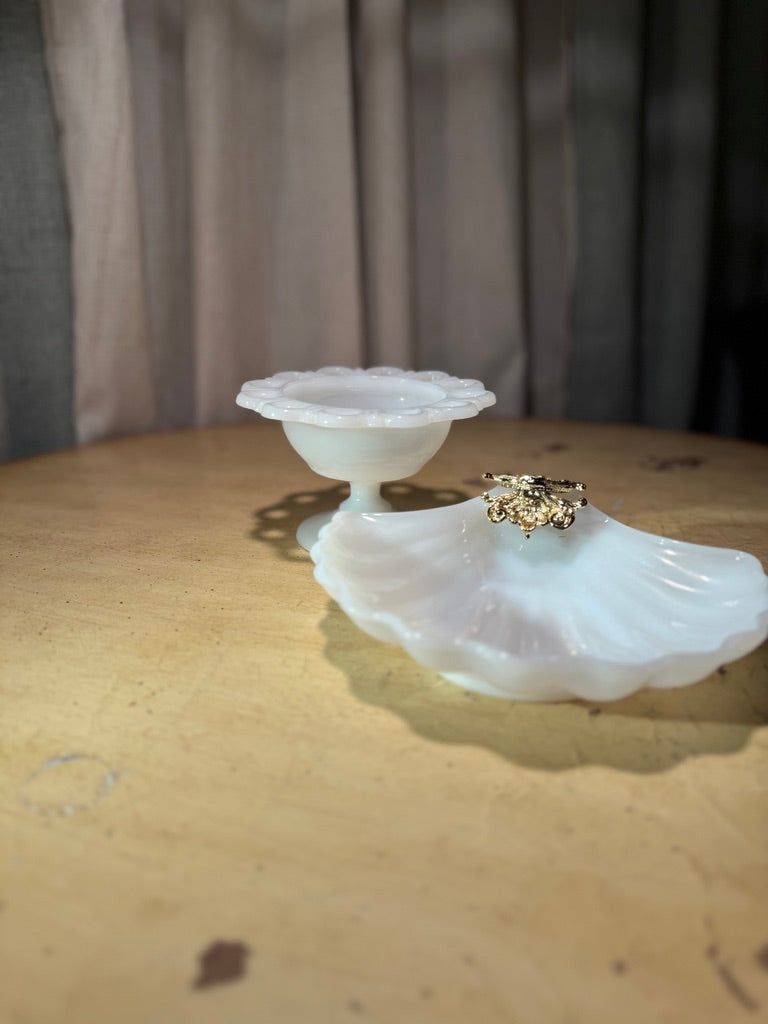 Vintage Milk Glass Pedestal Dish & Shell Tray Set (c. 1940s–1960s)