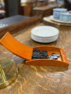 Vintage Black Composition Dominoes With Wooden Roll-Top Box, c. 1940s–1960s