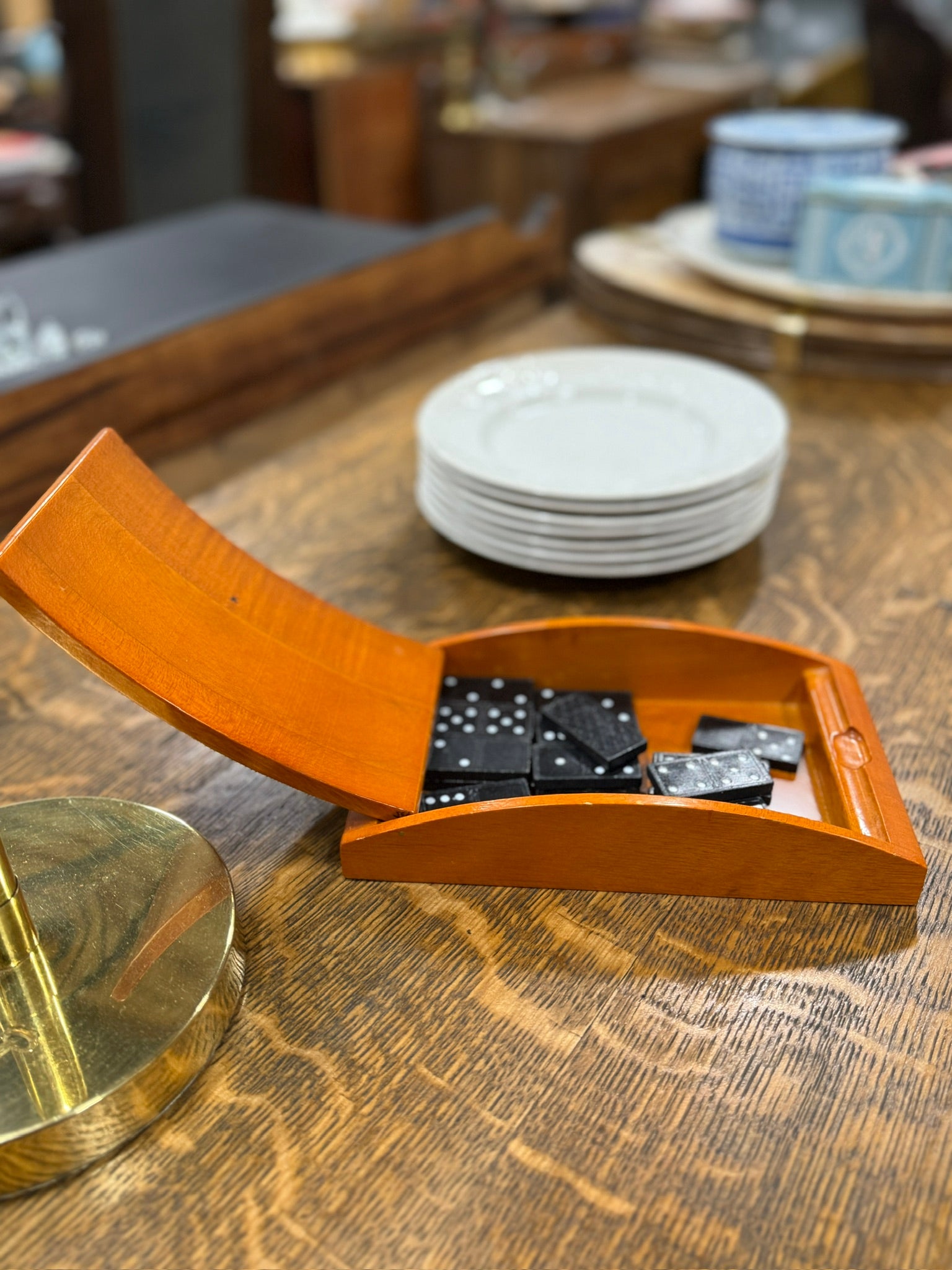 Vintage Black Composition Dominoes With Wooden Roll-Top Box, c. 1940s–1960s