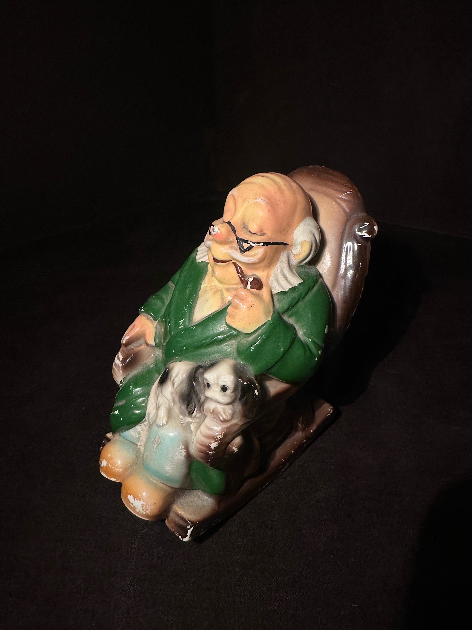 Ceramic “Retirement Fund” Coin Bank with Grandpa and Dog, c. 1960s–1970s