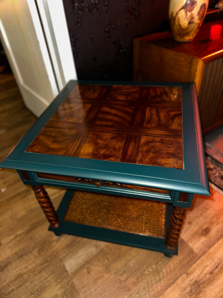 Refurbished Barley Twist Side Table with Cane Shelf