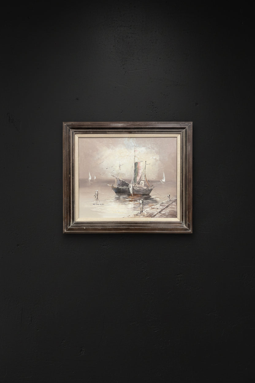 “Harbor at Dusk” — Signed E. Bauer, European/American School, c.1950s–1960s, Oil on Canvas