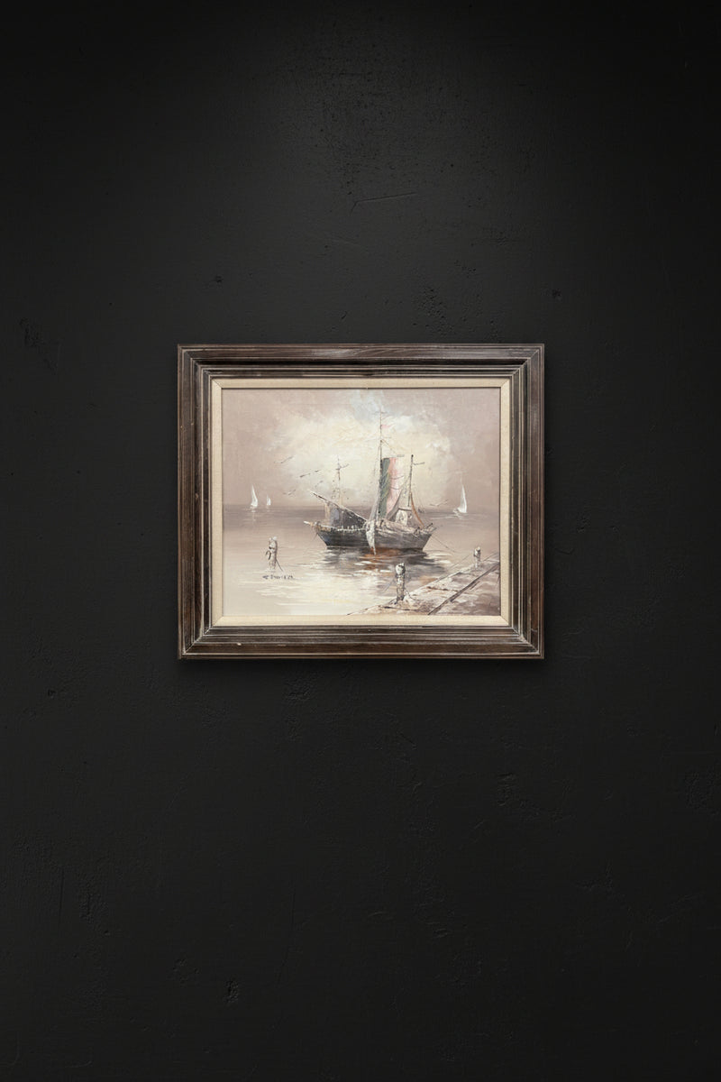 “Harbor at Dusk” — Signed E. Bauer, European/American School, c.1950s–1960s, Oil on Canvas