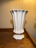 Cream Crackle-Glaze Pottery Urn Vase, Fluted Body on Octagonal Pedestal Foot, c. 1930–1950