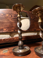 Pair of 1940s Jacobean Revival Barley Twist Wood &amp; Brass Candlesticks