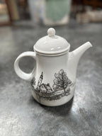Hand-Painted Porcelain Coffee Pot, Teapot and Creamer with Grisaille Landscapes, Signed Claire and Dated C. Smith 1-84