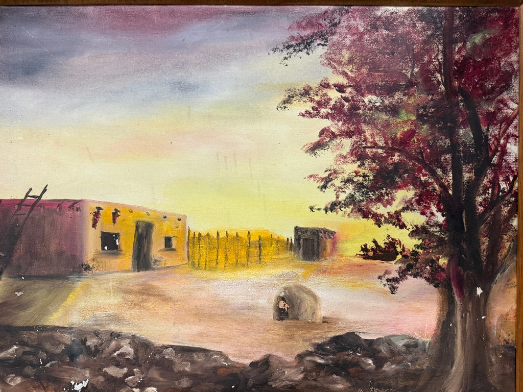 Signed 1973 Southwestern Adobe Landscape Painting by Vinnie