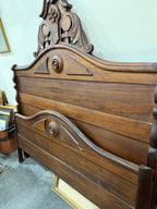 Late 19th-Century Victorian Eastlake Walnut & Burl Bed with Carved Floral Crest, c. 1880