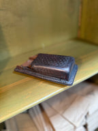 Basketweave-Tooled Leather Double Magazine Pouch, Divided Interior with Three-Position Snap Belt Loop, American Duty Leather, c. 1950–1990