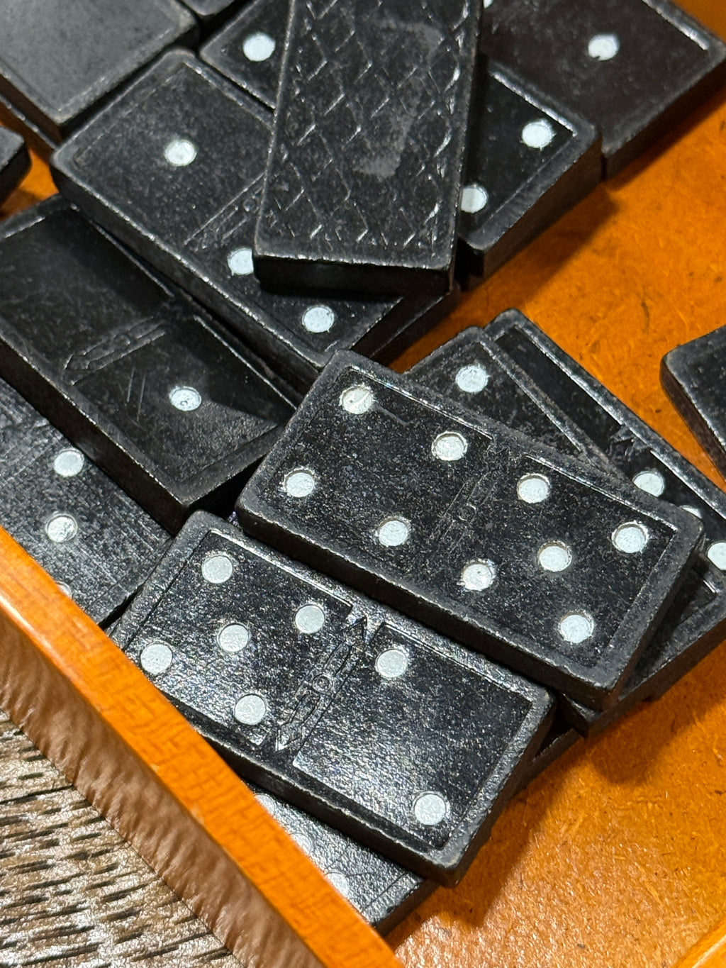 Vintage Black Composition Dominoes With Wooden Roll-Top Box, c. 1940s–1960s